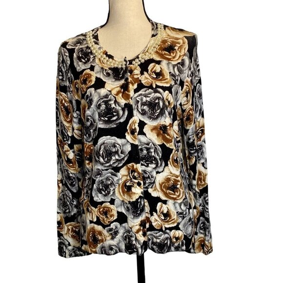 Charter‎ Club roses floral printed faux pearls embellished cardigan Women size - Picture 1 of 6